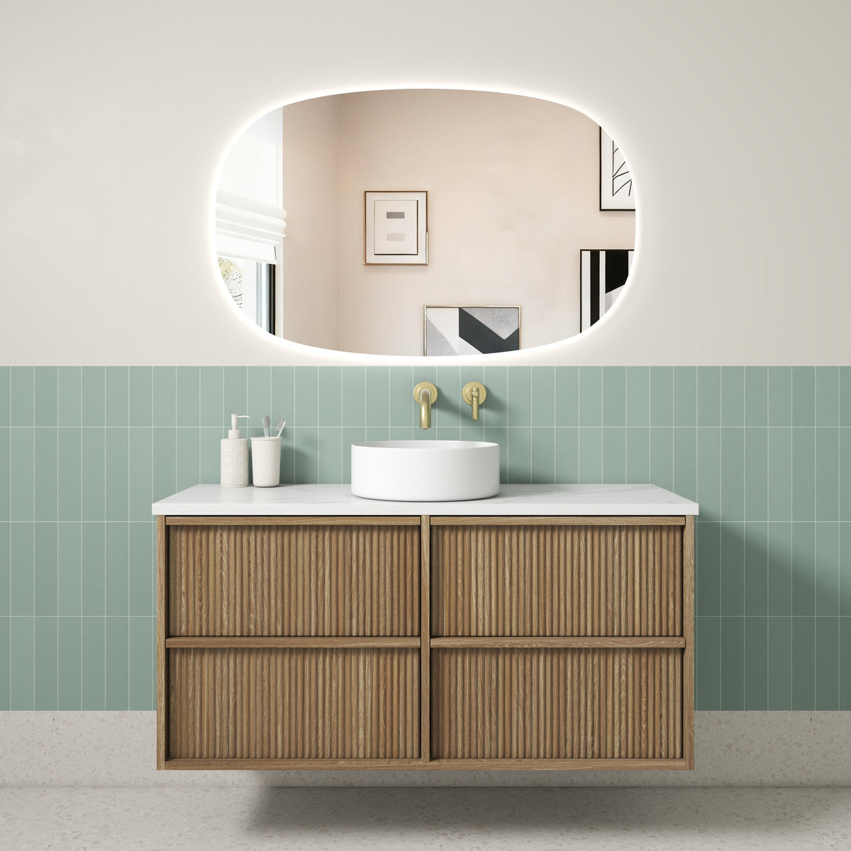 Venetta Fluted Framed Wall Hung Harvest Oak 1200mm - lifestyle