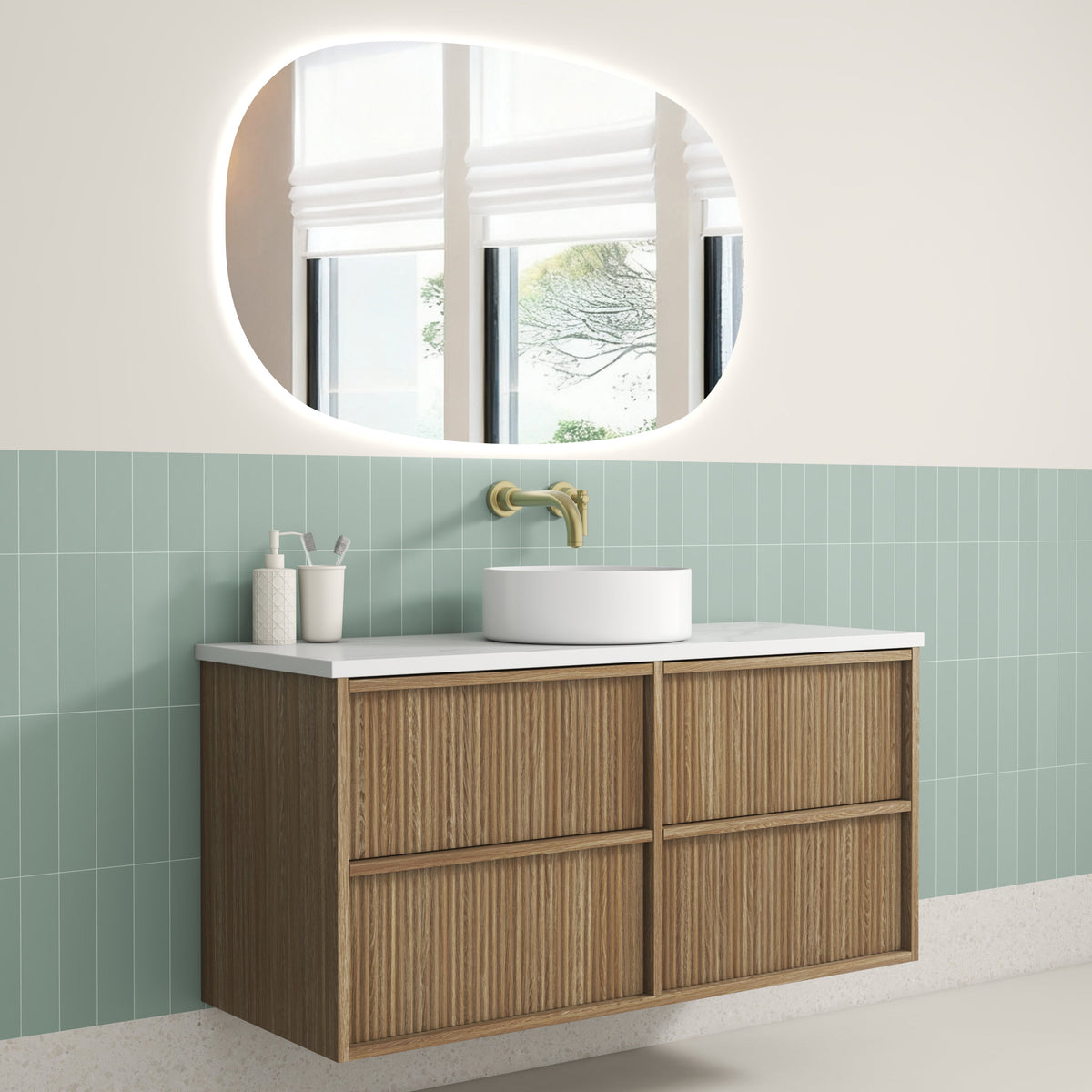 Venetta Fluted Framed Wall Hung Harvest Oak 1200mm - lifestyle