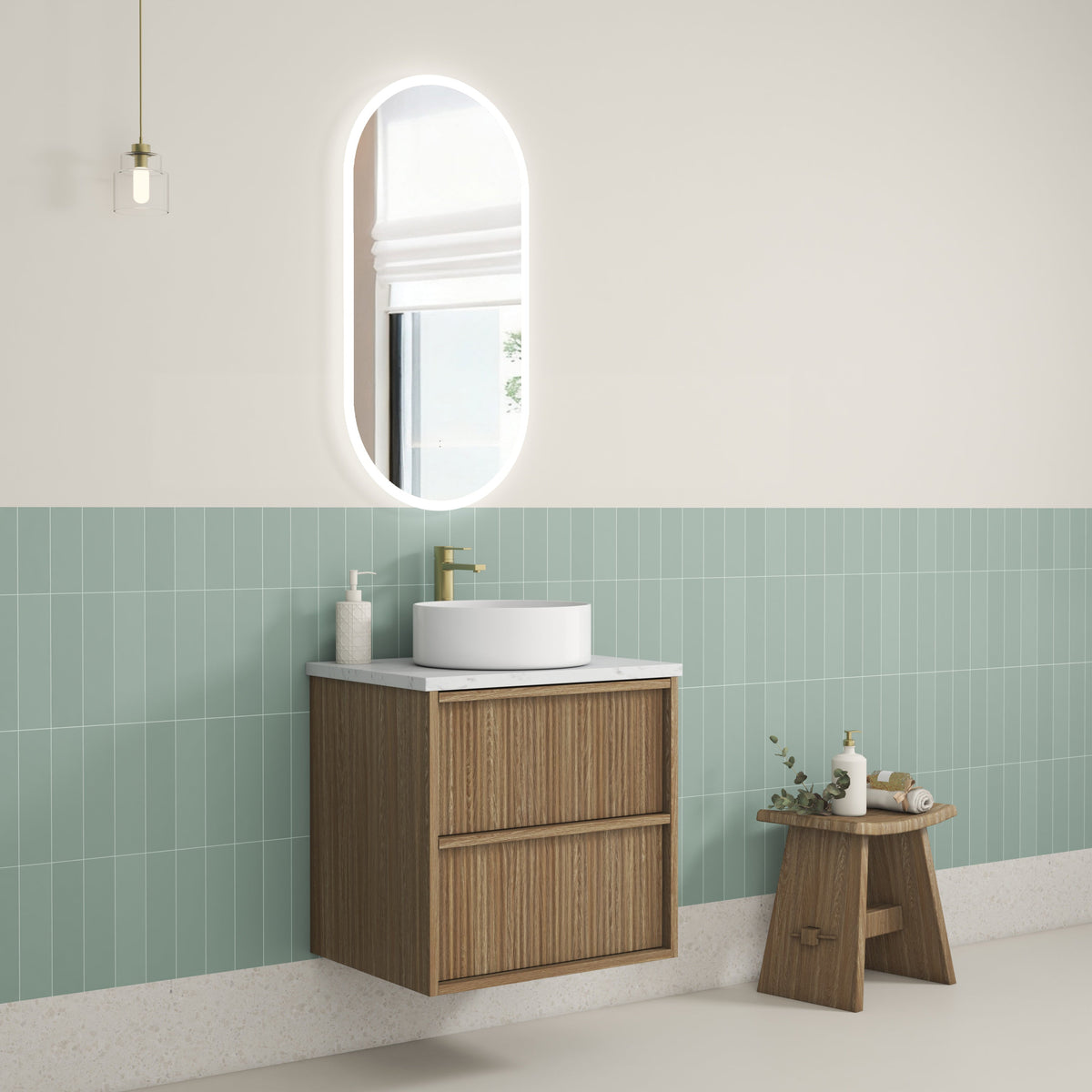 Venetta Fluted Framed Wall Hung Harvest Oak 600mm - lifestyle