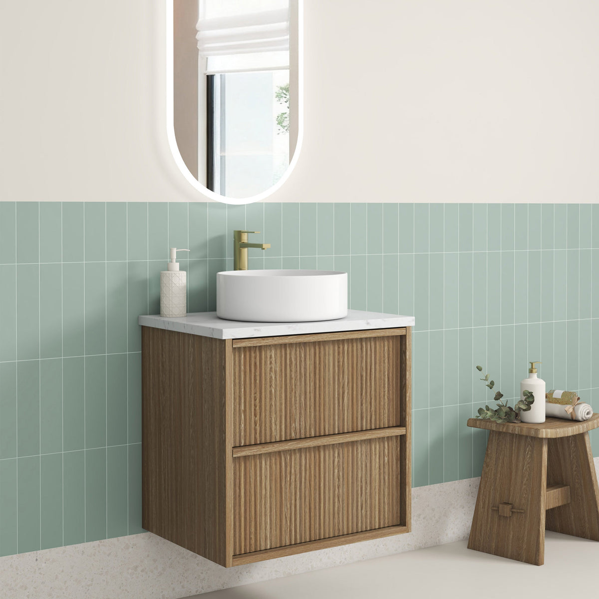 Venetta Fluted Framed Wall Hung Harvest Oak 600mm - lifestyle