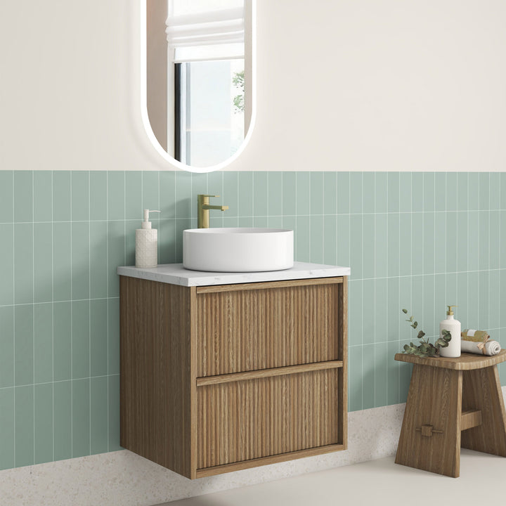 Venetta Fluted Framed Wall Hung Harvest Oak 600mm - lifestyle