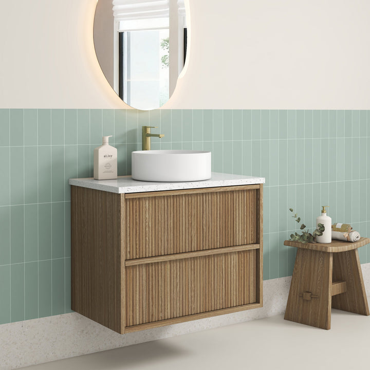Venetta Fluted Framed Wall Hung Harvest Oak 750mm - lifestyle