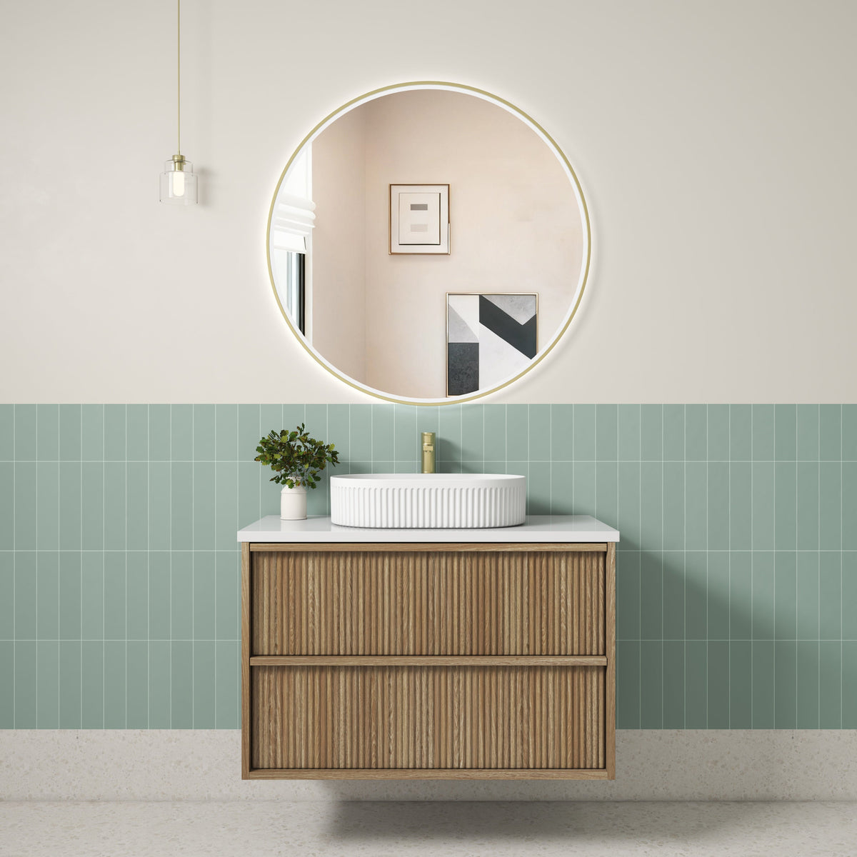 Venetta Fluted Framed Wall Hung Harvest Oak 900mm - lifestyle