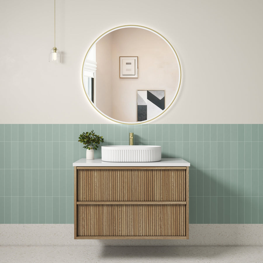 Venetta Fluted Framed Wall Hung Harvest Oak 900mm - lifestyle