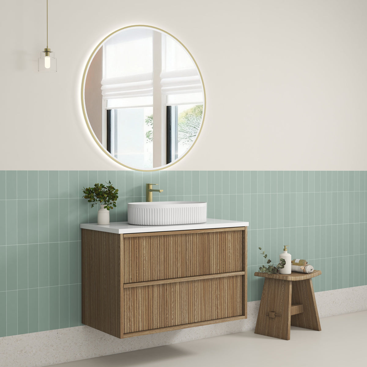 Venetta Fluted Framed Wall Hung Harvest Oak 900mm - lifestyle