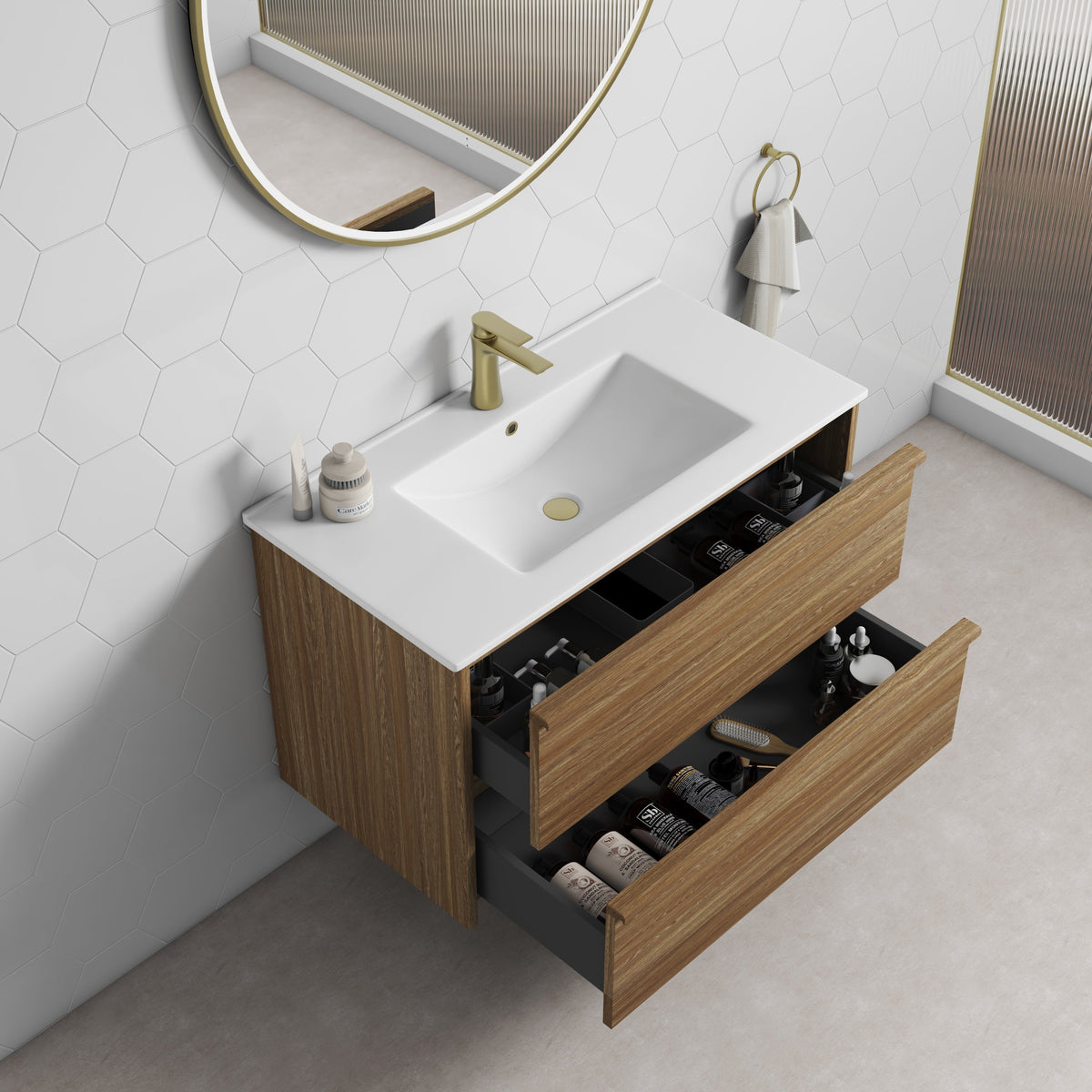 Venetta Framed Wall Hung Harvest Oak 900mm - lifestyle
