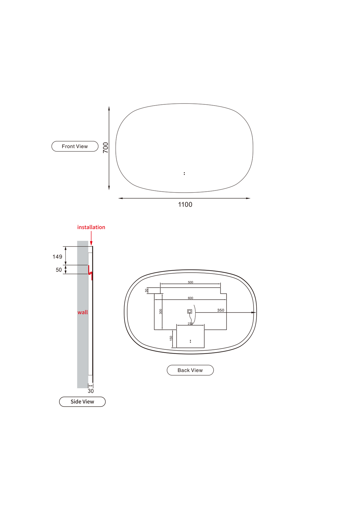 Valmont Horizontal 1100mm LED Mirror - dimensions