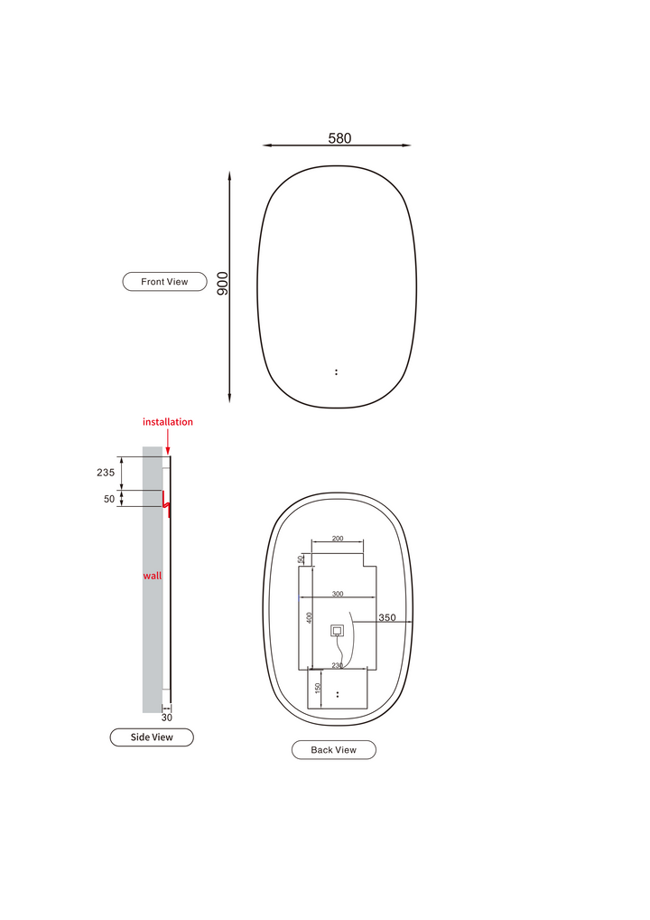 Valmont Vertical 580mm LED Mirror - dimensions