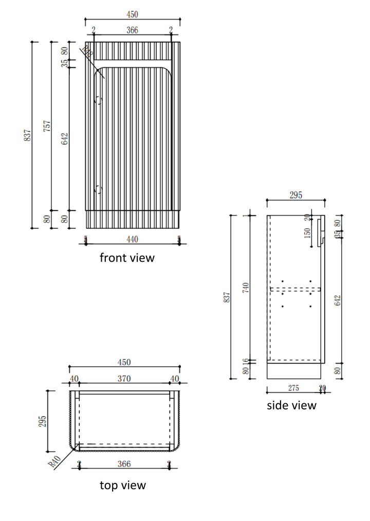 Mini Hartelle Fluted Floor Standing Harvest Oak Cabinet specification diagram dimensions