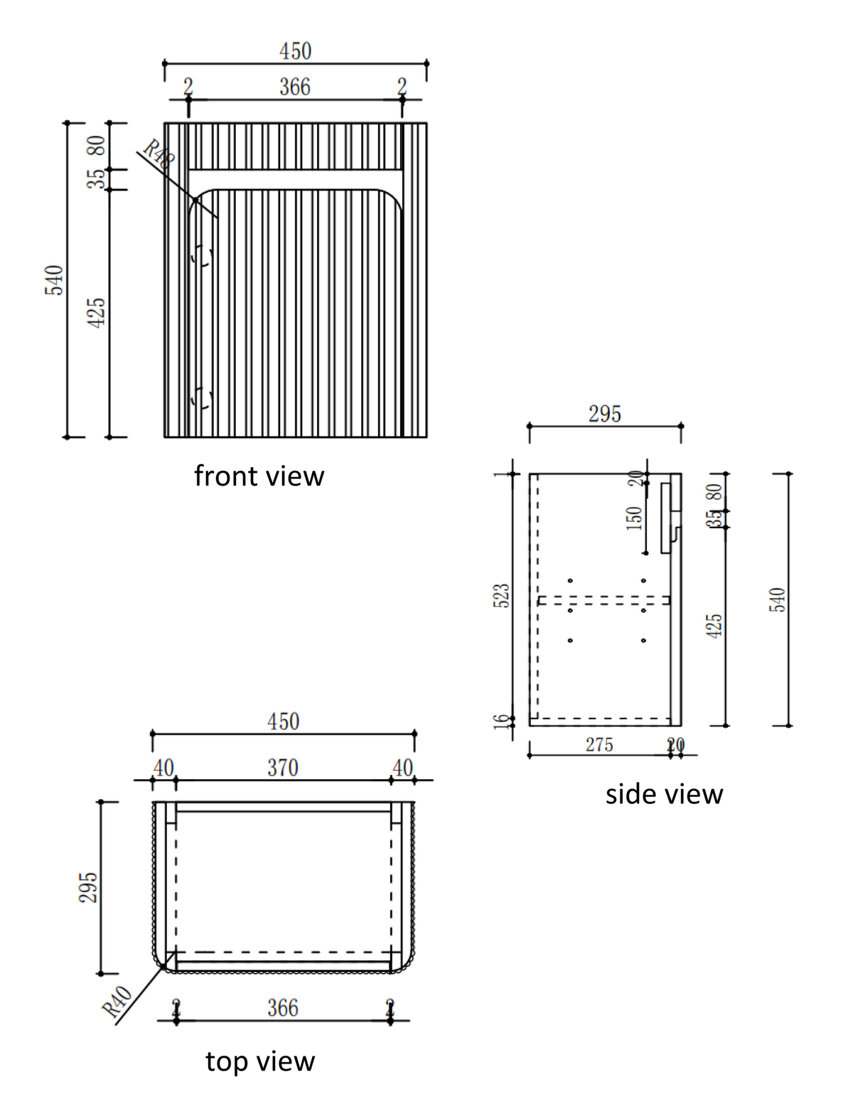 Mini Hartelle Fluted Wall Hung Harvest Oak Cabinet specification diagram dimensions
