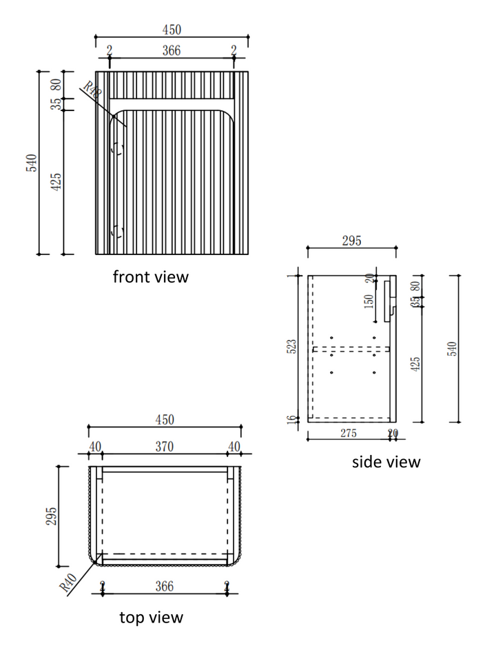 Mini Hartelle Fluted Wall Hung Harvest Oak Cabinet specification diagram dimensions
