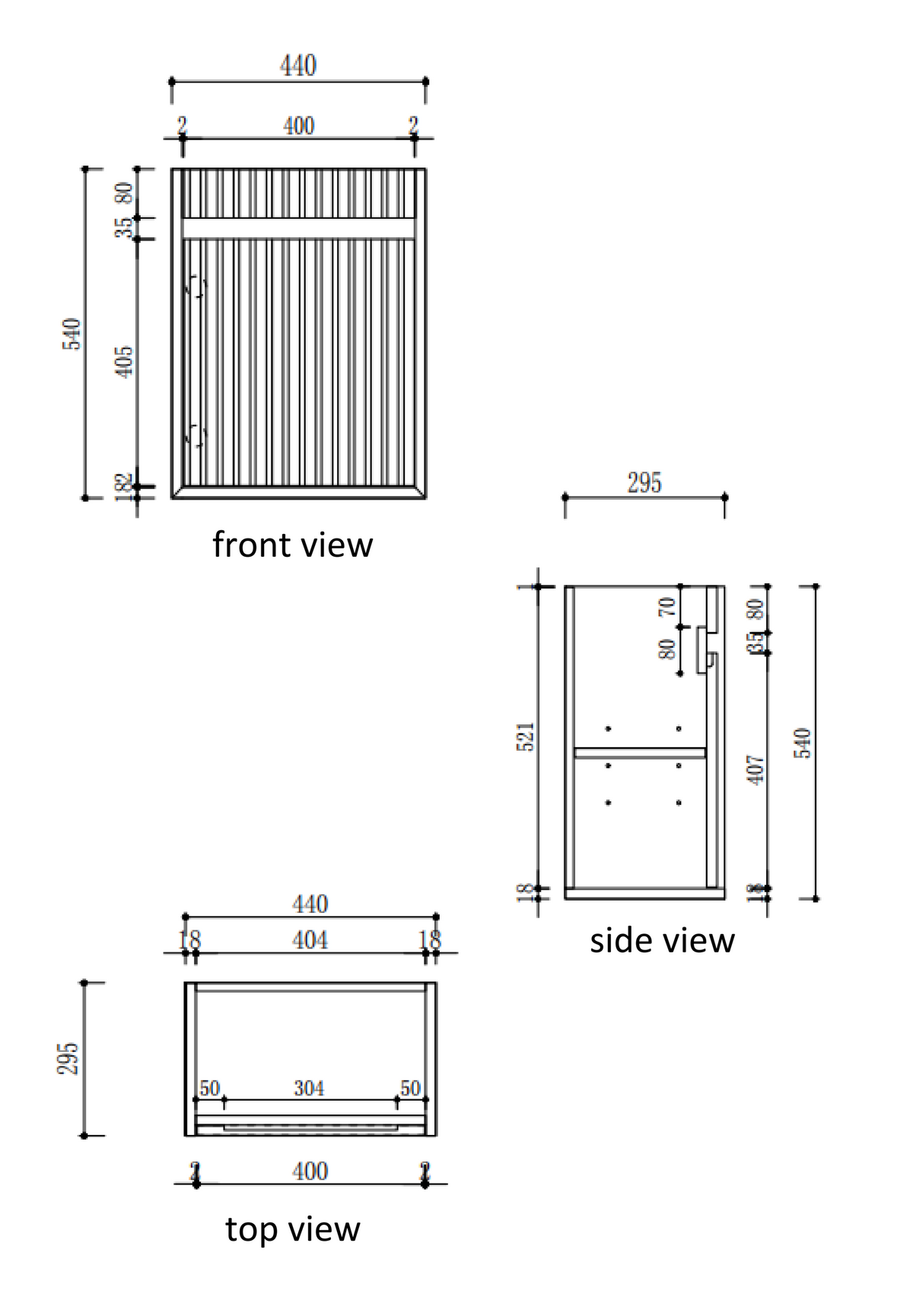 Mini Ravia Fluted Wall Hung Harvest Oak Cabinet specification diagram dimensions