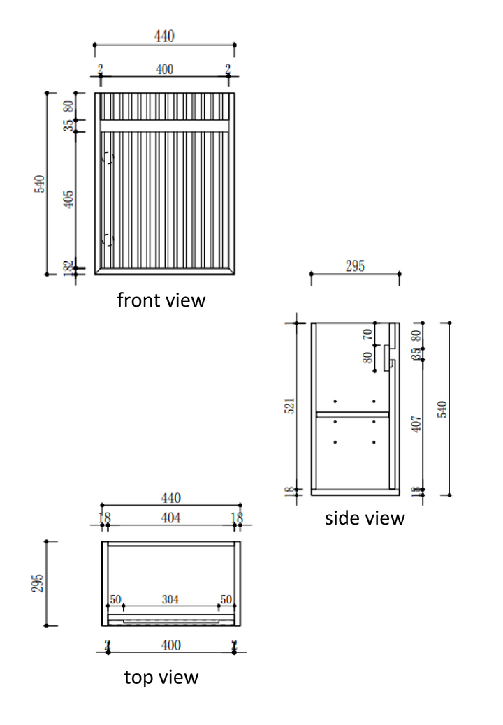 Mini Ravia Fluted Wall Hung Harvest Oak Cabinet specification diagram dimensions