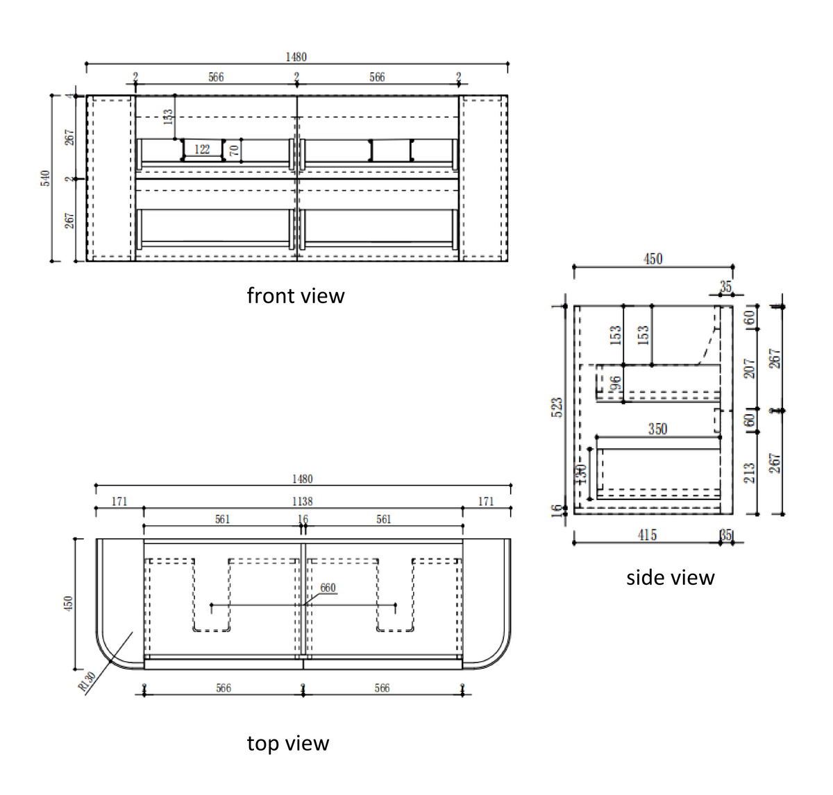 Ramee Fluted Wall Hung Matte White 1500mm specification diagram dimensions