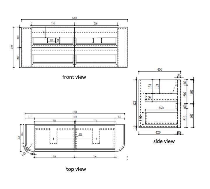 Ramee Fluted Wall Hung Matte White 1800mm specification diagram dimensions