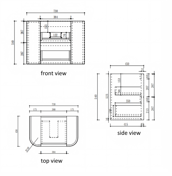 Ramee Fluted Wall Hung Matte White 750mm specification diagram dimensions