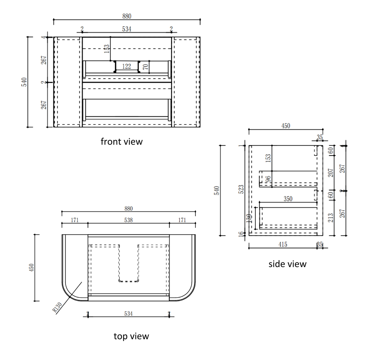 Ramee Fluted Wall Hung Matte White 900mm specification diagram dimensions