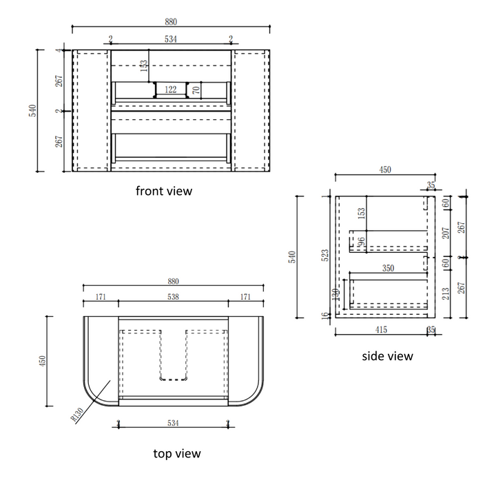 Ramee Fluted Wall Hung Matte White 900mm specification diagram dimensions