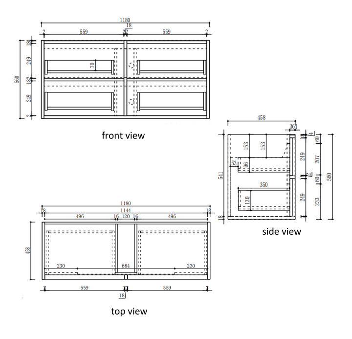 Venetta Fluted Framed Wall Hung Harvest Oak 1200mm specification diagram dimensions