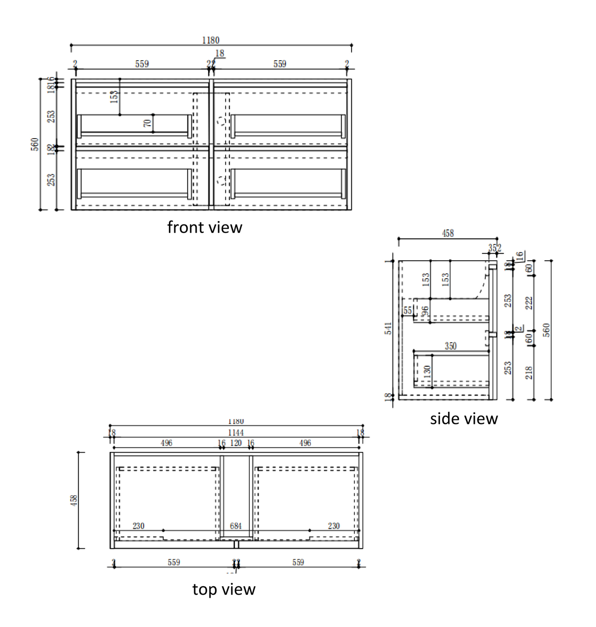 Venetta Framed Wall Hung Harvest Oak 1200mm specification diagram dimensions