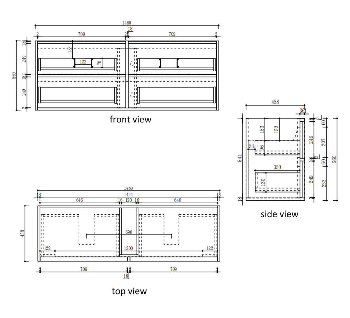 Venetta Fluted Framed Wall Hung Harvest Oak 1500mm specification diagram dimensions