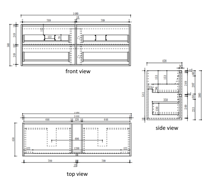 Venetta Fluted Framed Wall Hung Harvest Oak 1500mm specification diagram dimensions