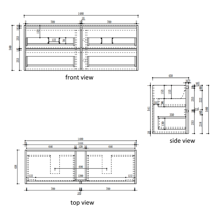 Venetta Framed Wall Hung Harvest Oak 1500mm specification diagram dimensions