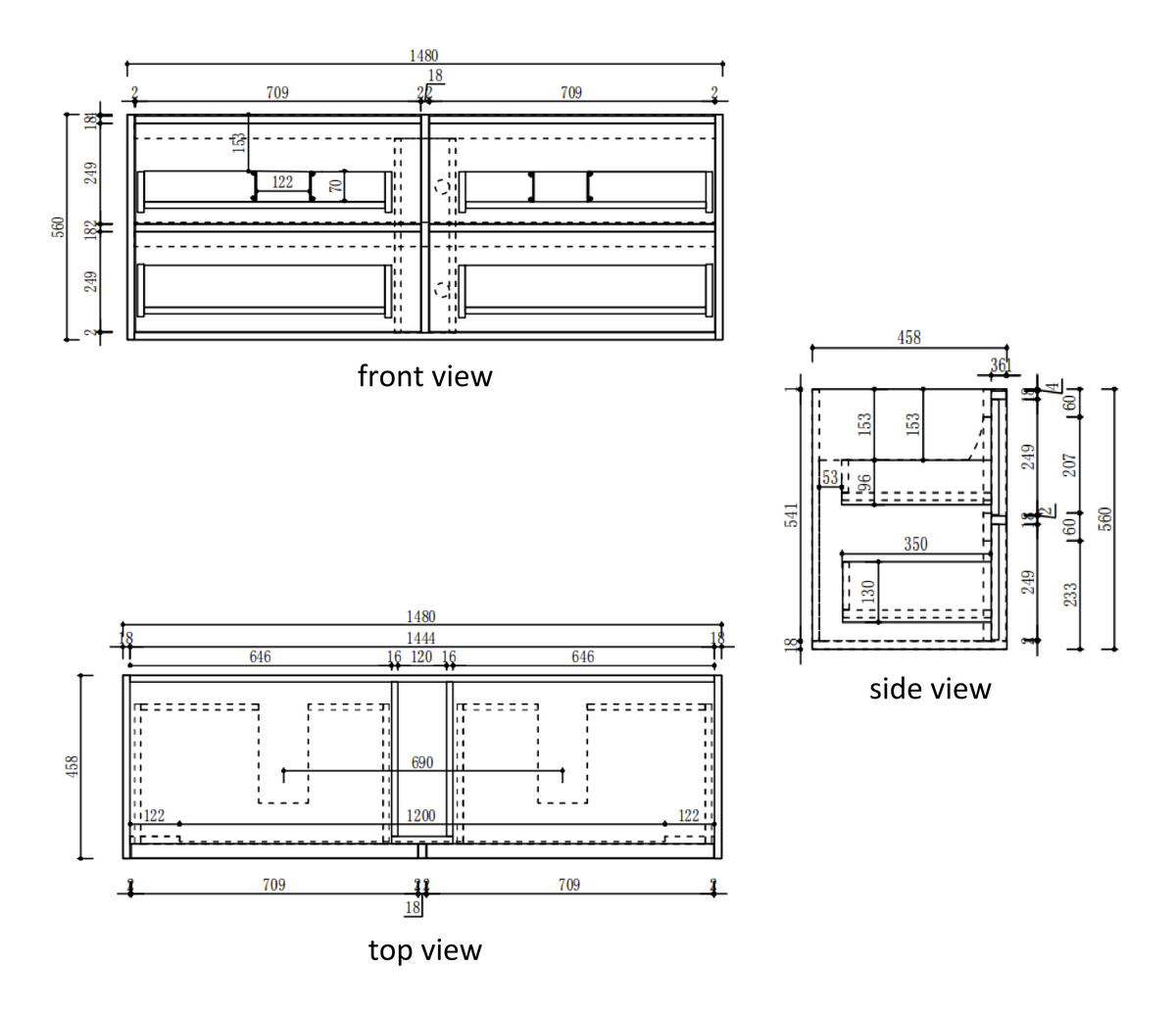 Venetta Fluted Framed Wall Hung Harvest Oak 1800mm specification diagram dimensions