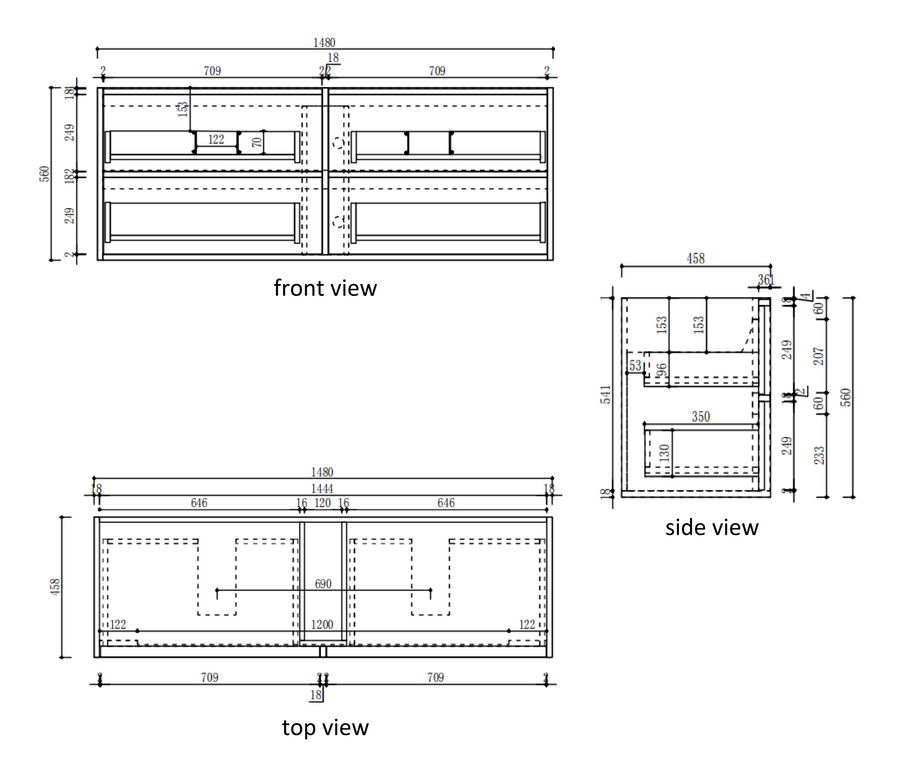 Venetta Fluted Framed Wall Hung Harvest Oak 1800mm specification diagram dimensions