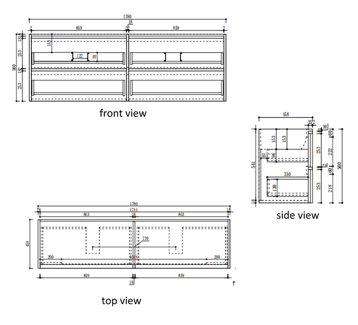 Venetta Framed Wall Hung Harvest Oak 1800mm specification diagram dimensions