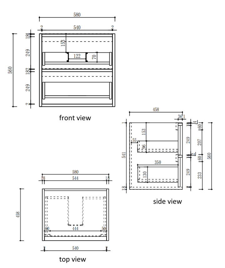 Venetta Fluted Framed Wall Hung Harvest Oak 600mm specification diagram dimensions