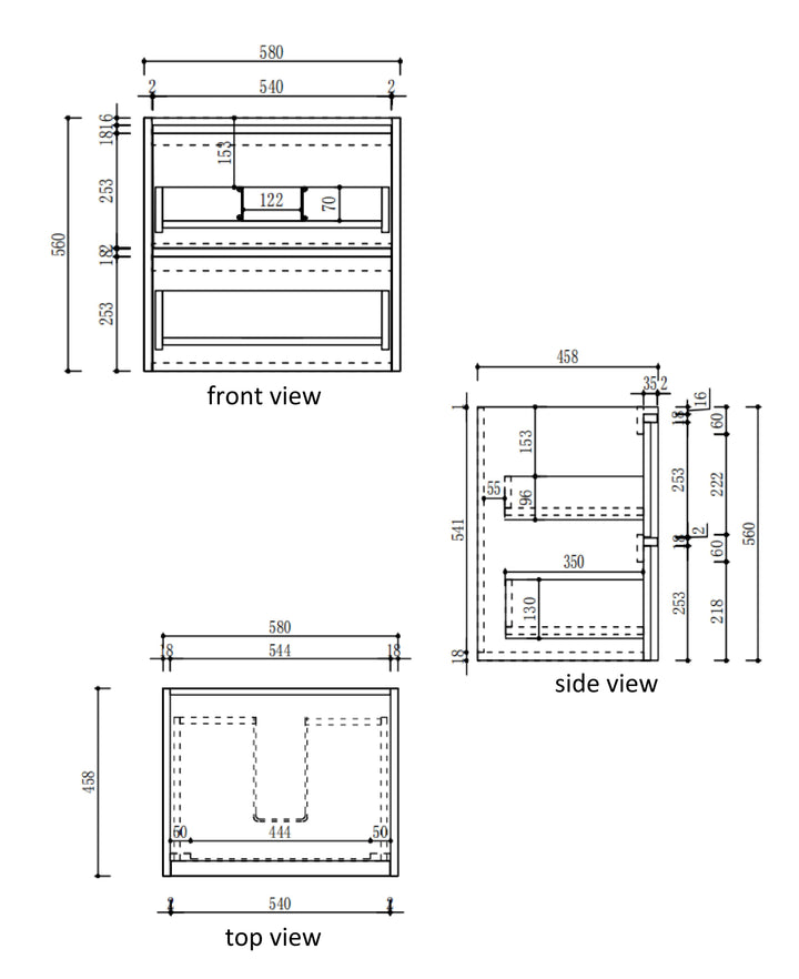 Venetta Framed Wall Hung Harvest Oak 600mm specification diagram dimensions