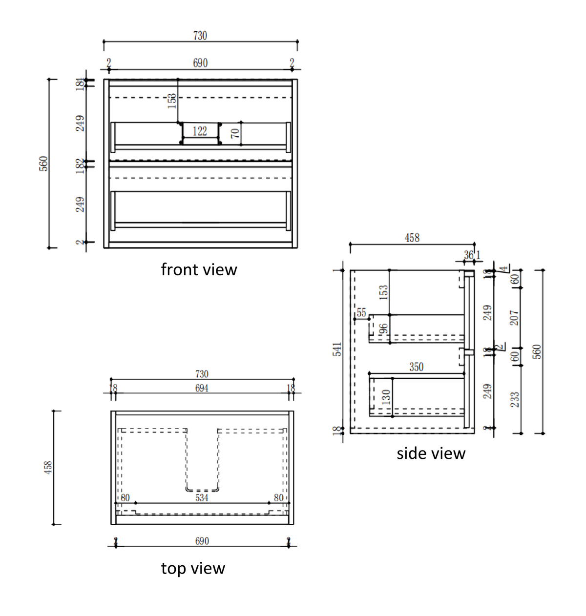 Venetta Fluted Framed Wall Hung Harvest Oak 750mm specification diagram dimensions