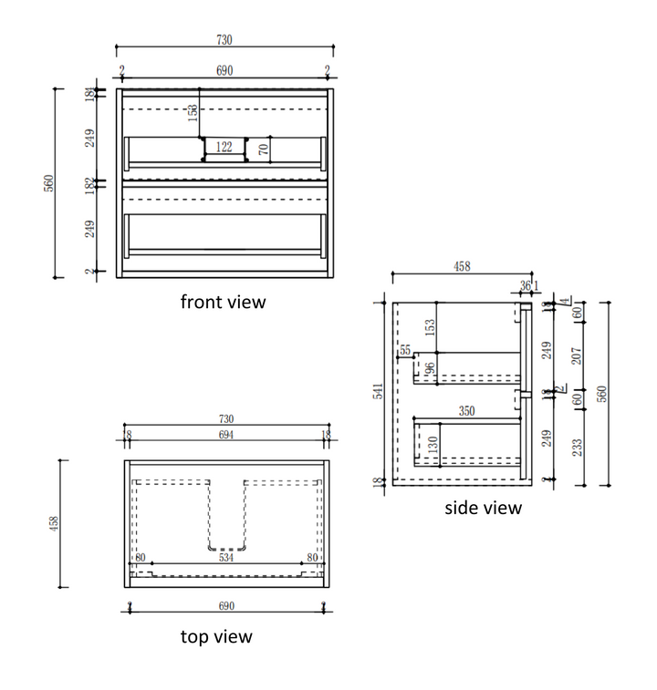 Venetta Fluted Framed Wall Hung Harvest Oak 750mm specification diagram dimensions