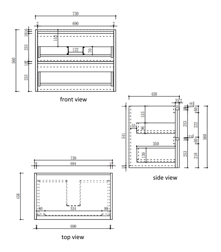 Venetta Framed Wall Hung Harvest Oak 750mm specification diagram dimensions