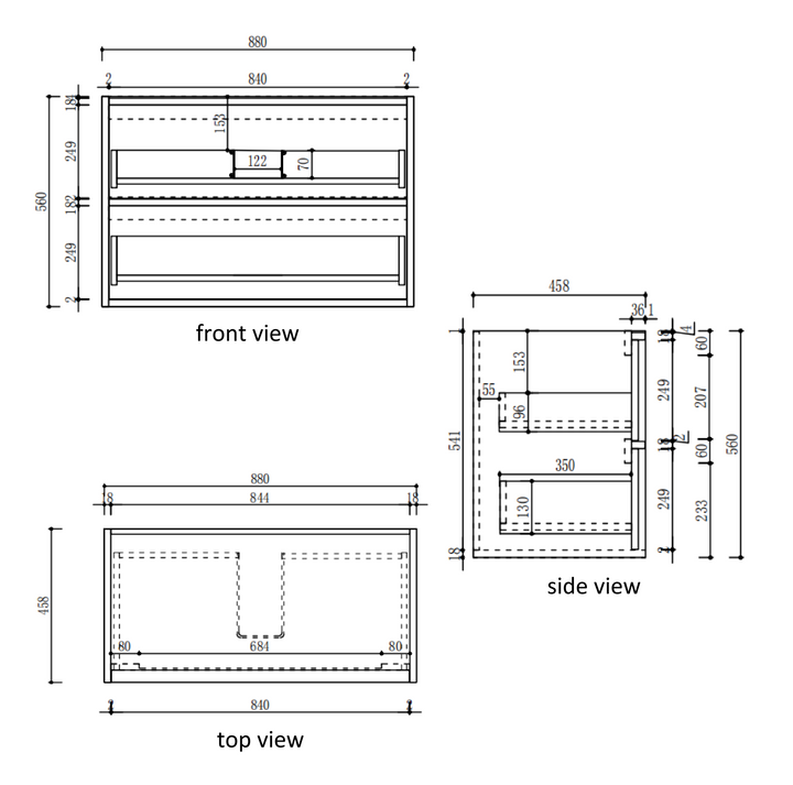 Venetta Fluted Framed Wall Hung Harvest Oak 900mm specification diagram dimensions