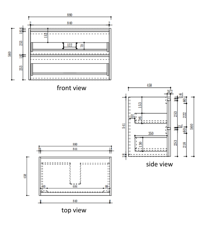 Venetta Framed Wall Hung Harvest Oak 900mm specification diagram dimensions