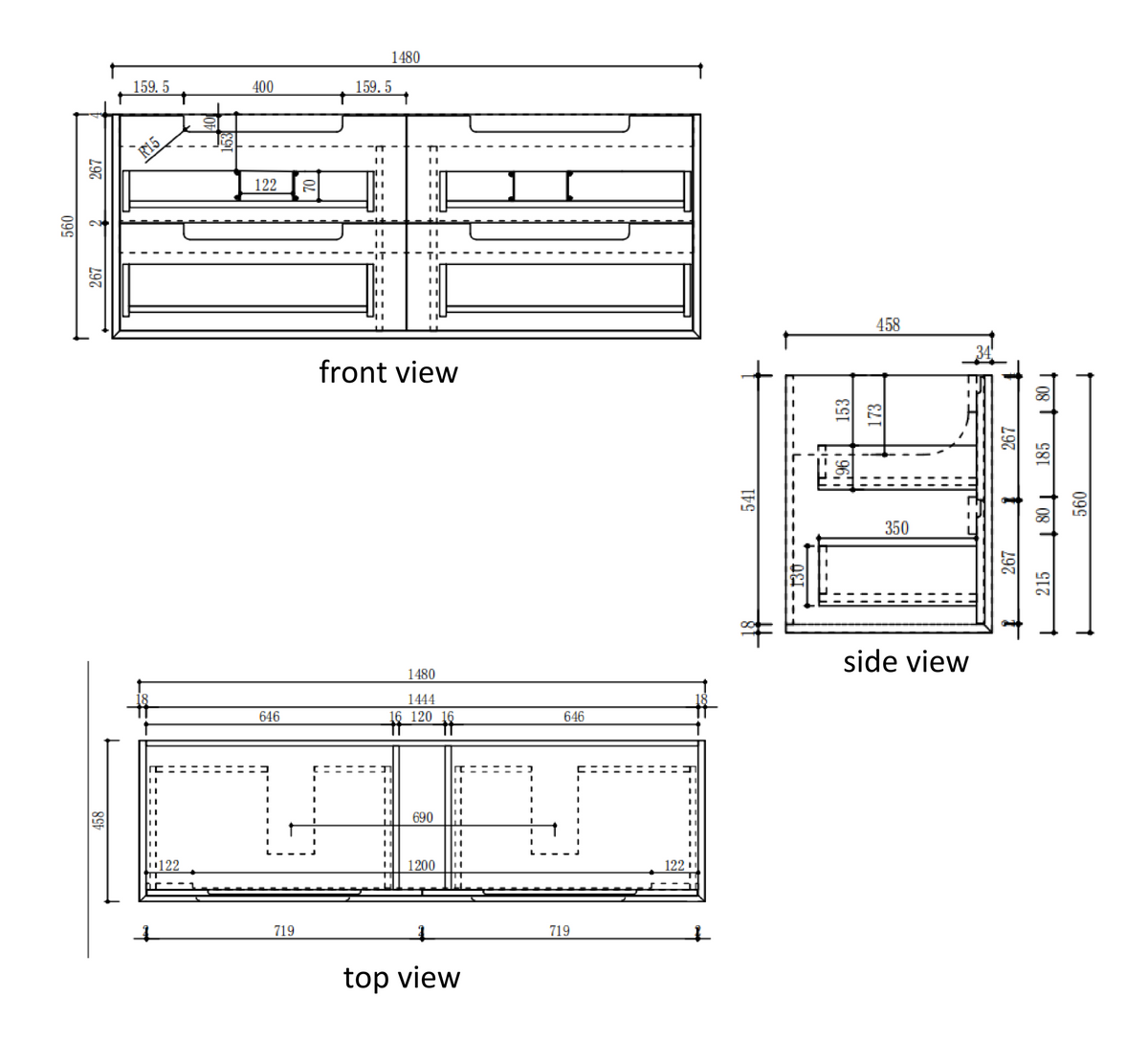 Voulari Framed Wall Hung Harvest Oak 1500mm specification diagram dimensions