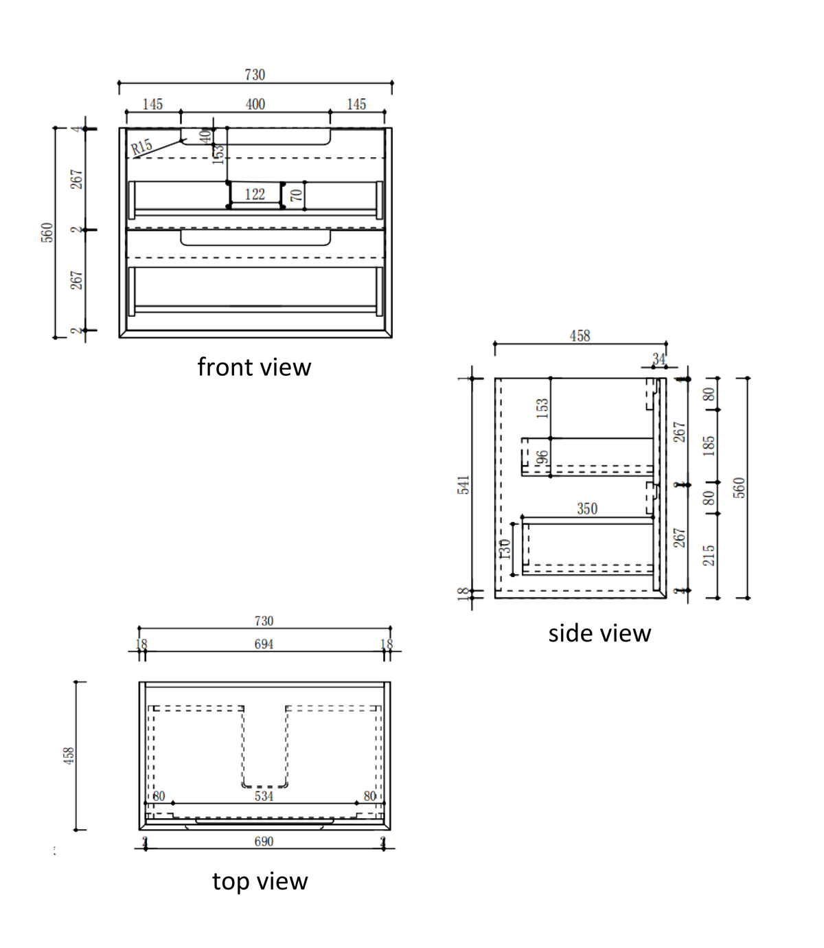 Voulari Framed Wall Hung Harvest Oak 750mm specification diagram dimensions