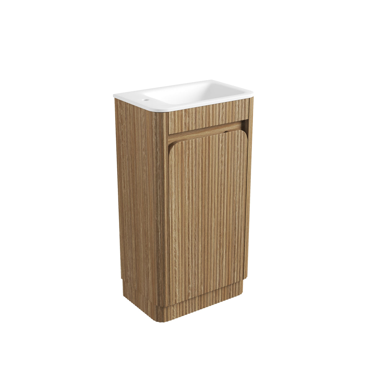 Mini Hartelle Fluted Floor Standing Harvest Oak Cabinet - Sintera Curved Top (left tap)