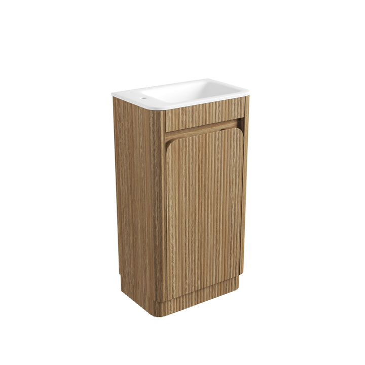 Mini Hartelle Fluted Floor Standing Harvest Oak Cabinet - Sintera Curved Top (left tap)