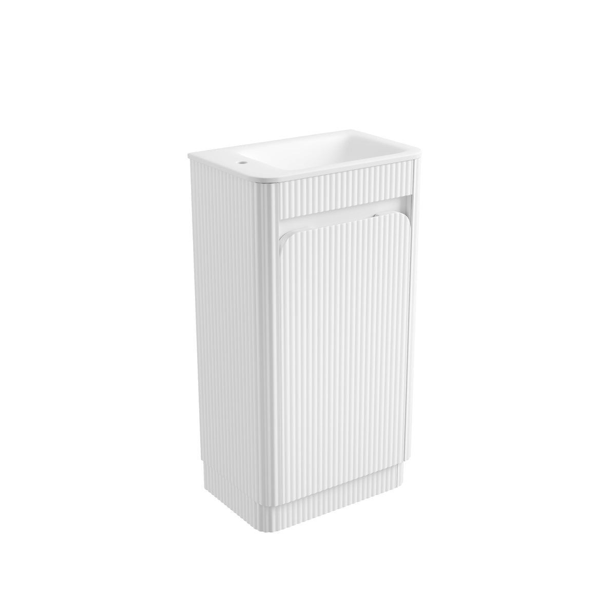 Mini Hartelle Fluted Floor Standing Matte White Cabinet - Sintera Curved Top (left tap)
