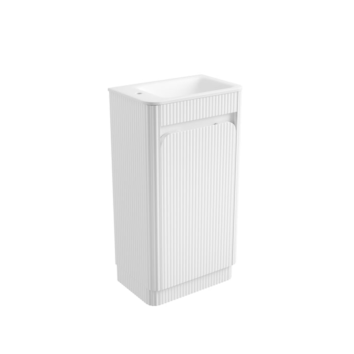 Mini Hartelle Fluted Floor Standing Matte White Cabinet - Sintera Curved Top (left tap)