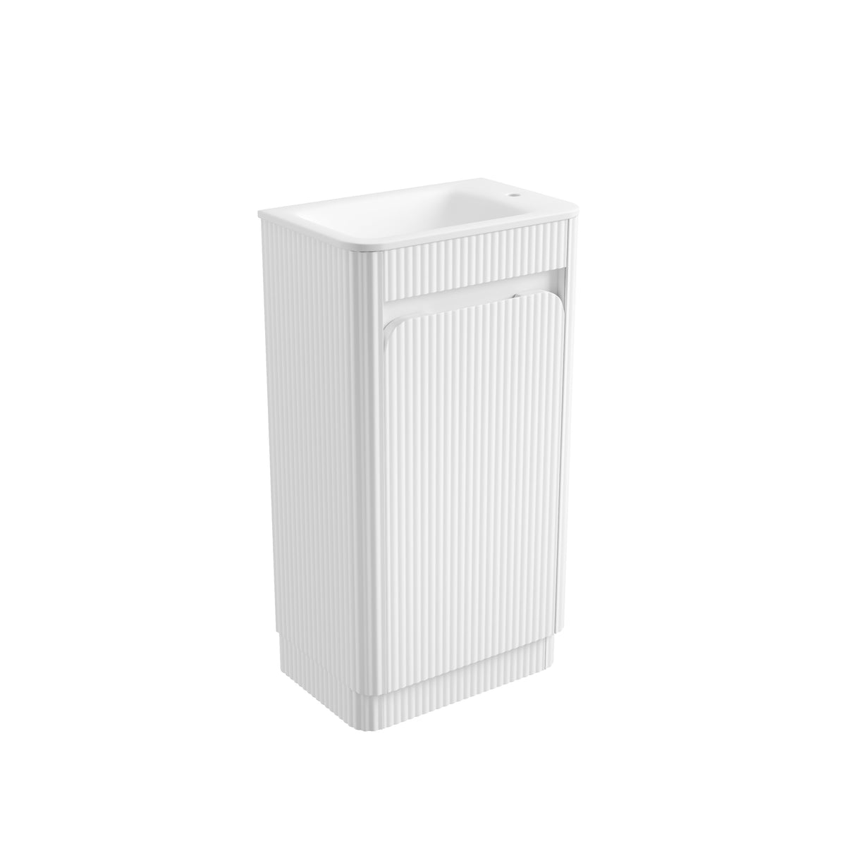 Mini Hartelle Fluted Floor Standing Matte White Cabinet - Sintera Curved Top (right tap)