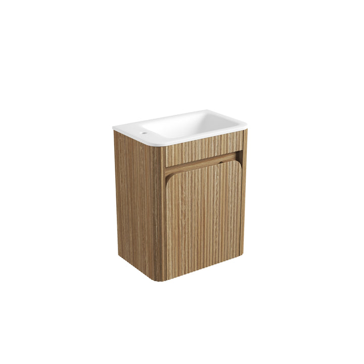 Mini Hartelle Fluted Wall Hung Harvest Oak Cabinet - Sintera Curved Top (left tap)