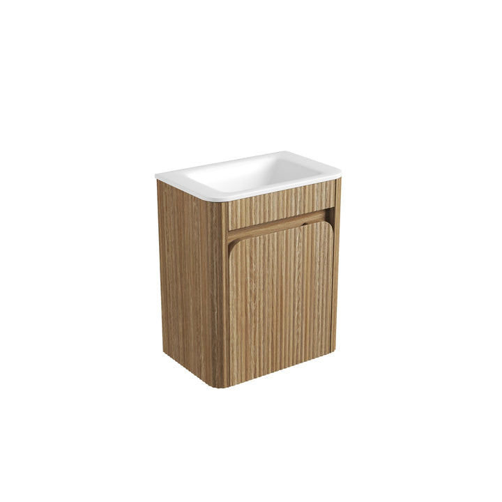 Mini Hartelle Fluted Wall Hung Harvest Oak Cabinet - Sintera Curved Top (no tap hole)