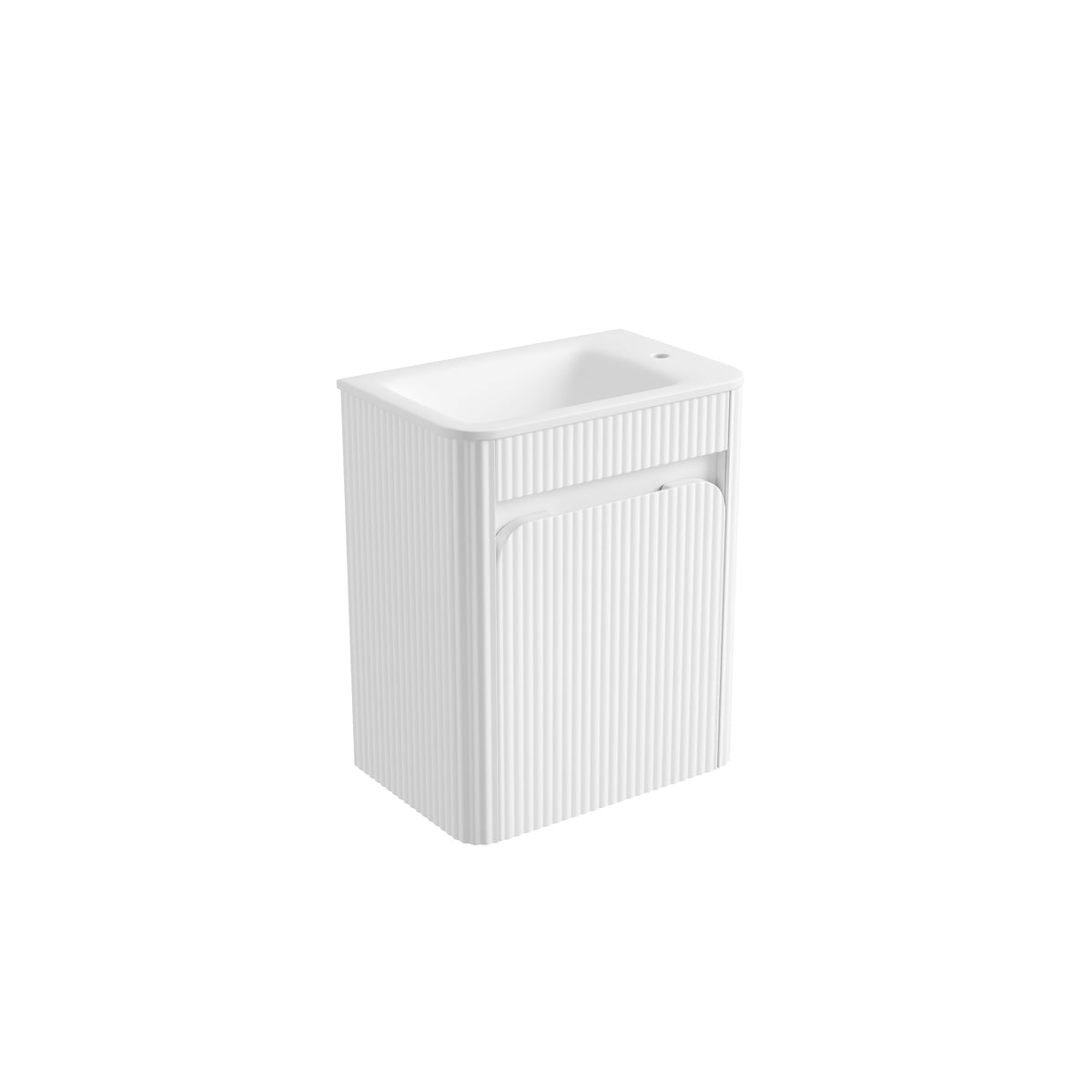 Mini Hartelle Fluted Wall Hung Matte White Cabinet - Sintera Curved Top (right tap)