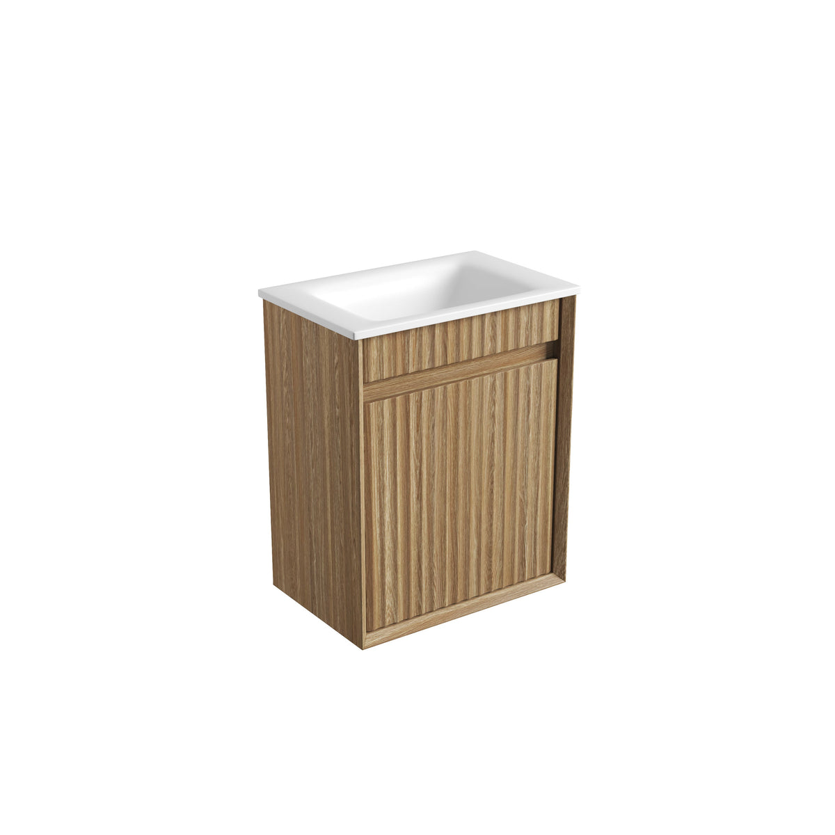Mini Ravia Fluted Wall Hung Harvest Oak Cabinet - Sintera Square Top (no tap hole)