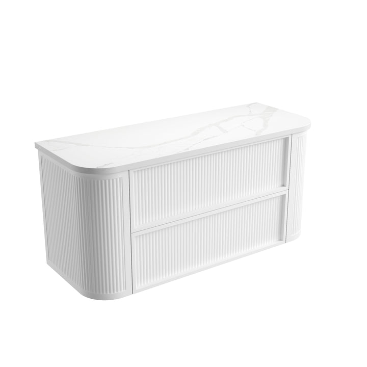 Ramee Fluted Wall Hung Matte White 900mm - Palis White Flat Stone Top
