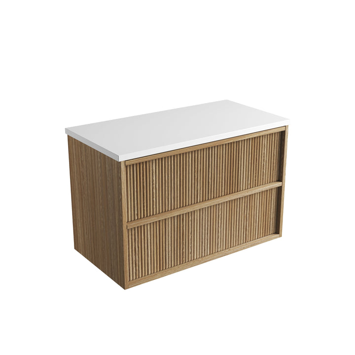 Venetta Fluted Framed Wall Hung Harvest Oak 900mm - Pure